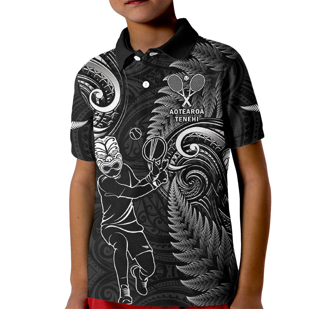 Custom New Zealand Tiki Tennis Kid Polo Shirt 2024 Aotearoa Tenehi Maori Silver Fern - Black