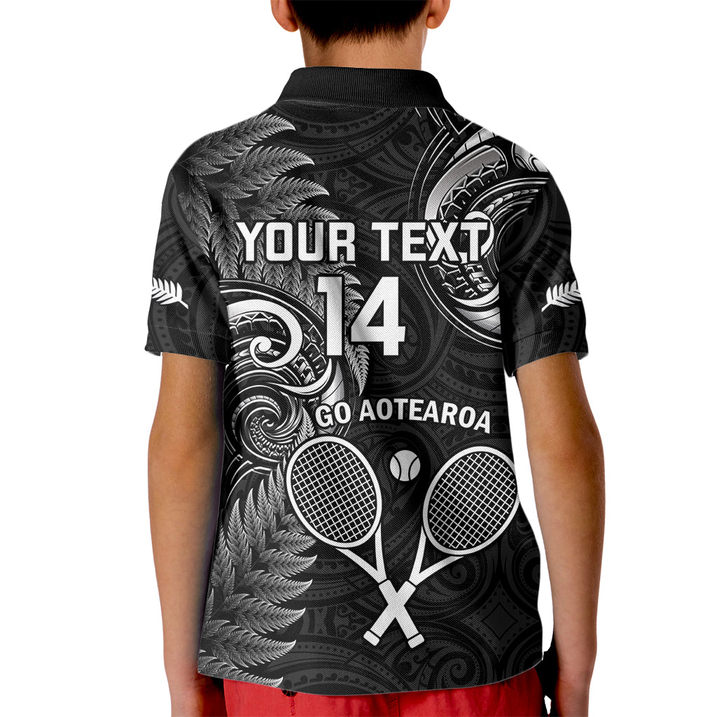 Custom New Zealand Tiki Tennis Kid Polo Shirt 2024 Aotearoa Tenehi Maori Silver Fern - Black