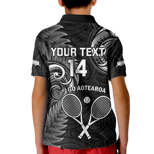 Custom New Zealand Tiki Tennis Kid Polo Shirt 2024 Aotearoa Tenehi Maori Silver Fern - Black