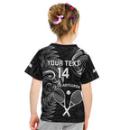Custom New Zealand Tiki Tennis Kid T Shirt 2024 Aotearoa Tenehi Maori Silver Fern - Black