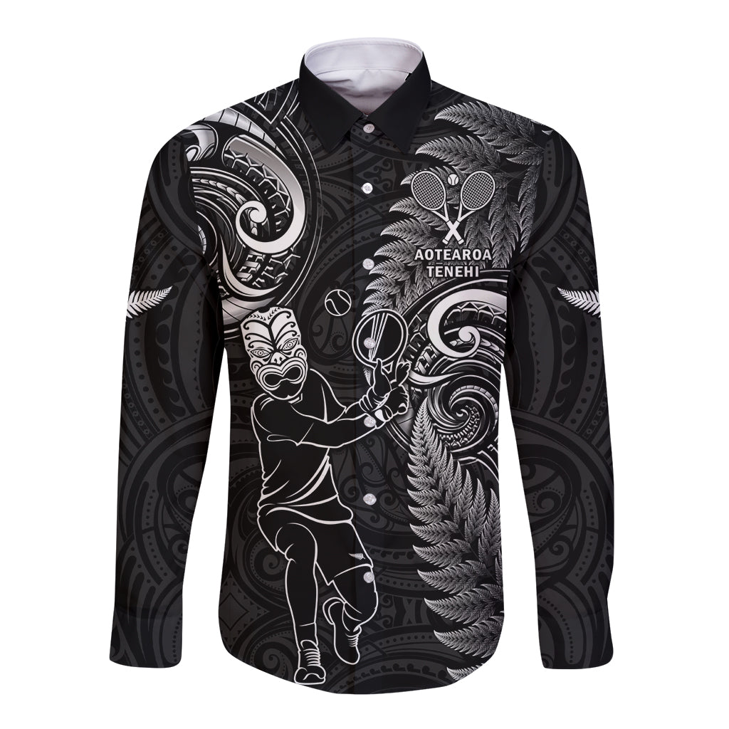 Custom New Zealand Tiki Tennis Long Sleeve Button Shirt 2024 Aotearoa Tenehi Maori Silver Fern - Black