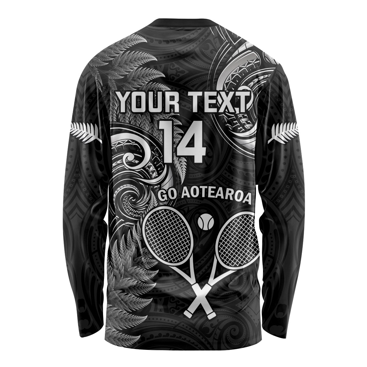 Custom New Zealand Tiki Tennis Long Sleeve Shirt 2024 Aotearoa Tenehi Maori Silver Fern - Black