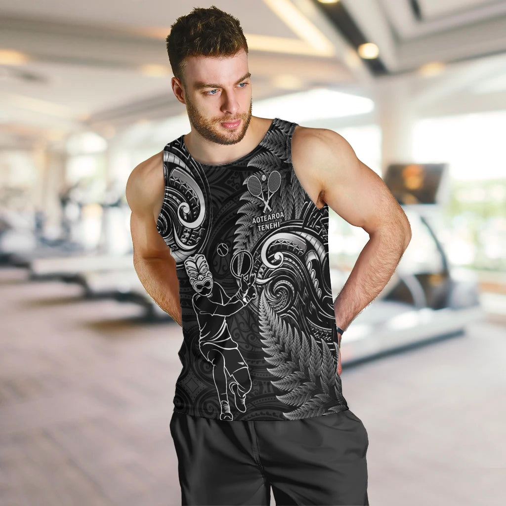 Custom New Zealand Tiki Tennis Men Tank Top 2024 Aotearoa Tenehi Maori Silver Fern - Black