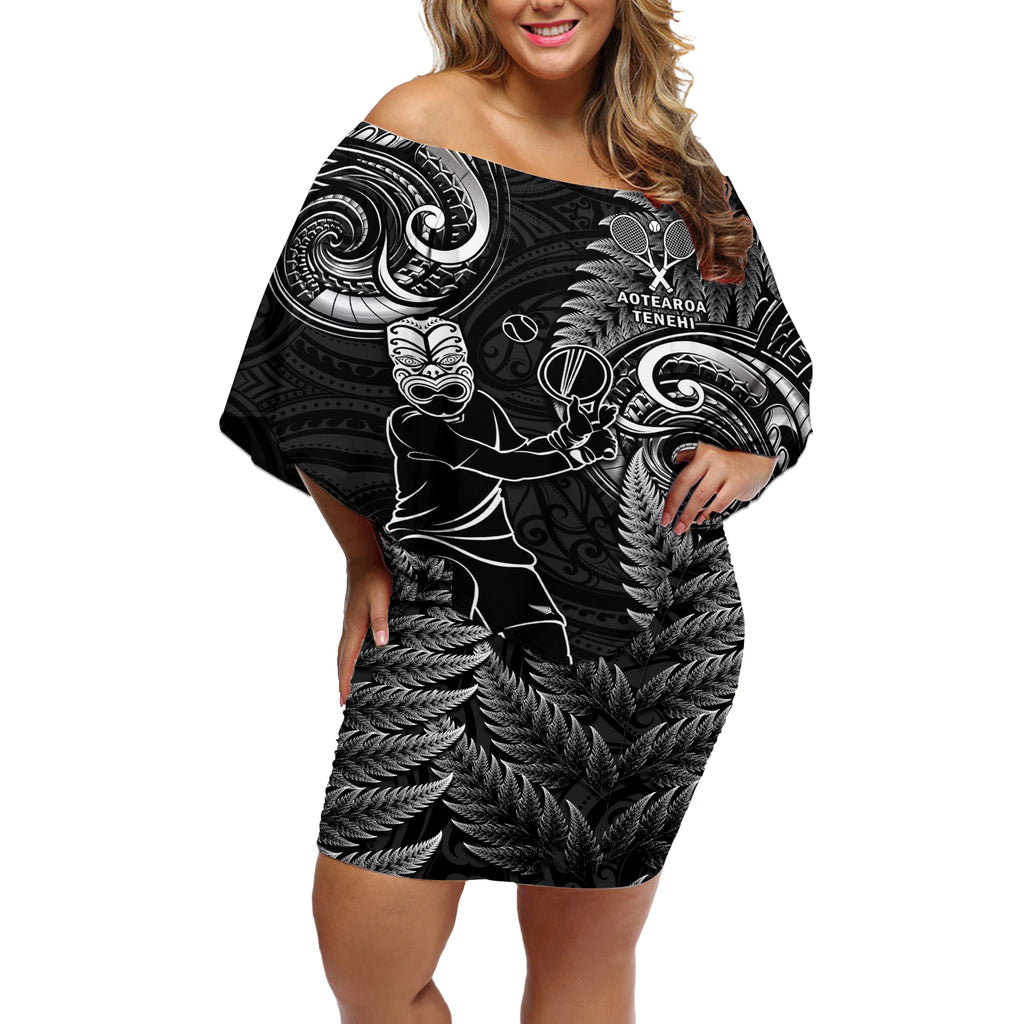 Custom New Zealand Tiki Tennis Off Shoulder Short Dress 2024 Aotearoa Tenehi Maori Silver Fern - Black