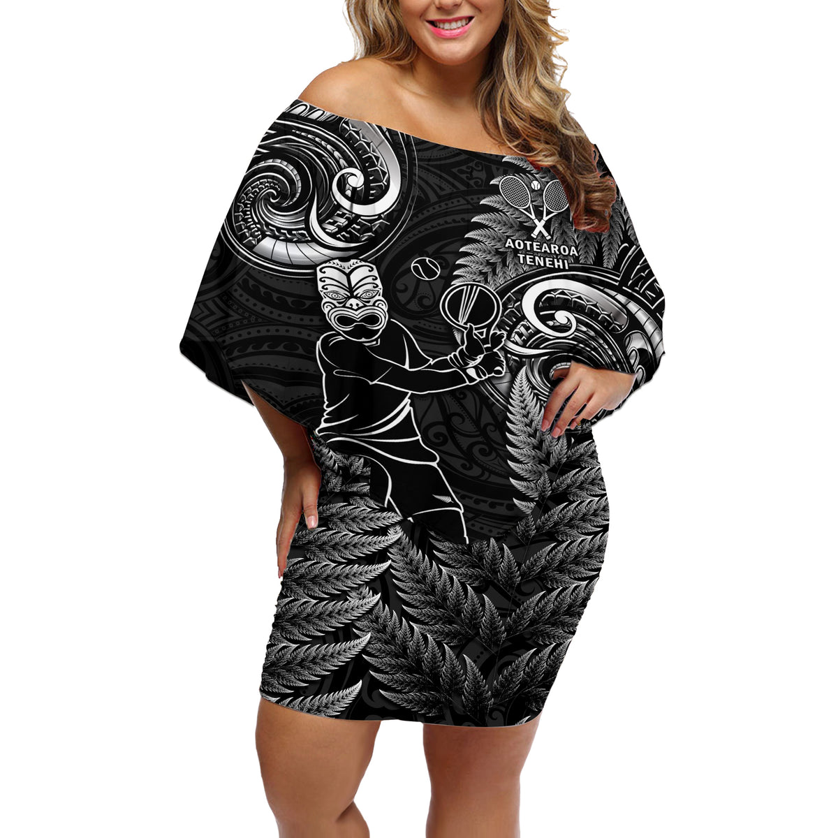 Custom New Zealand Tiki Tennis Off Shoulder Short Dress 2024 Aotearoa Tenehi Maori Silver Fern - Black