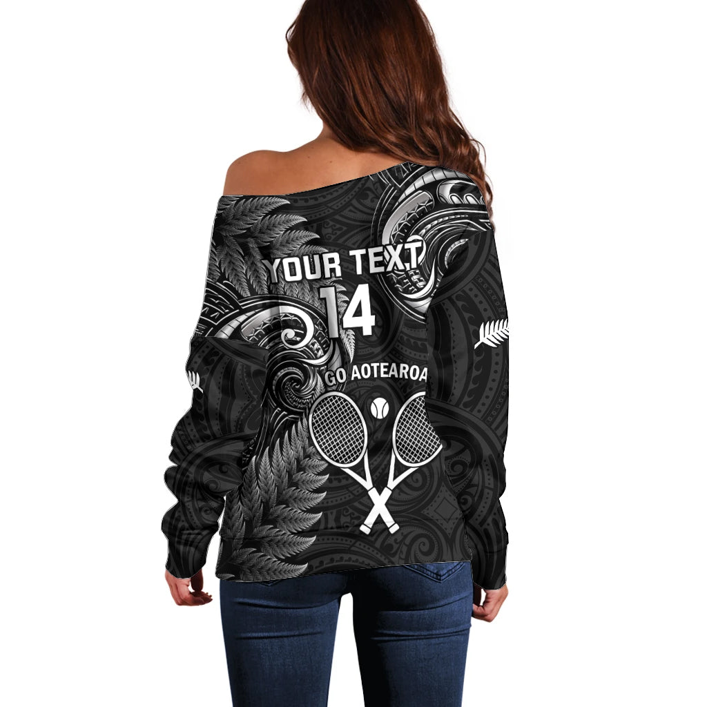 Custom New Zealand Tiki Tennis Off Shoulder Sweater 2024 Aotearoa Tenehi Maori Silver Fern - Black