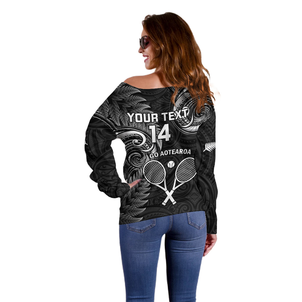 Custom New Zealand Tiki Tennis Off Shoulder Sweater 2024 Aotearoa Tenehi Maori Silver Fern - Black