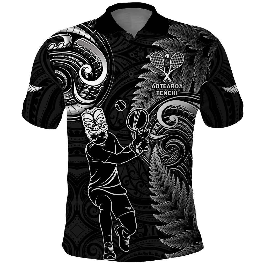 Custom New Zealand Tiki Tennis Polo Shirt 2024 Aotearoa Tenehi Maori Silver Fern - Black
