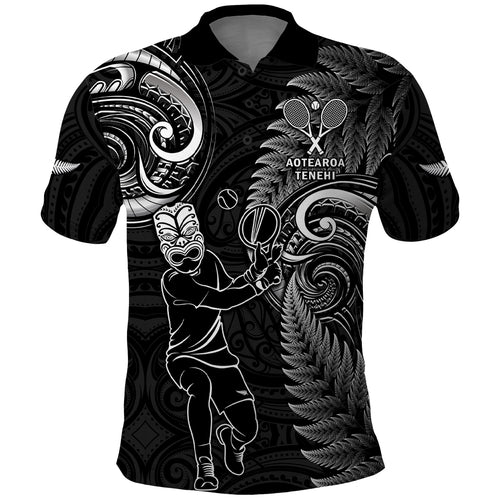 Custom New Zealand Tiki Tennis Polo Shirt 2024 Aotearoa Tenehi Maori Silver Fern - Black