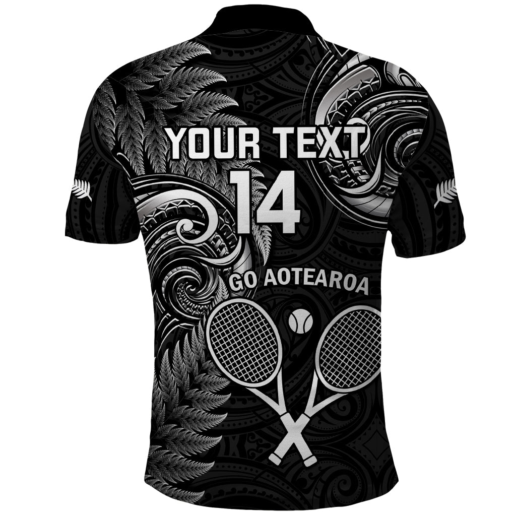 Custom New Zealand Tiki Tennis Polo Shirt 2024 Aotearoa Tenehi Maori Silver Fern - Black