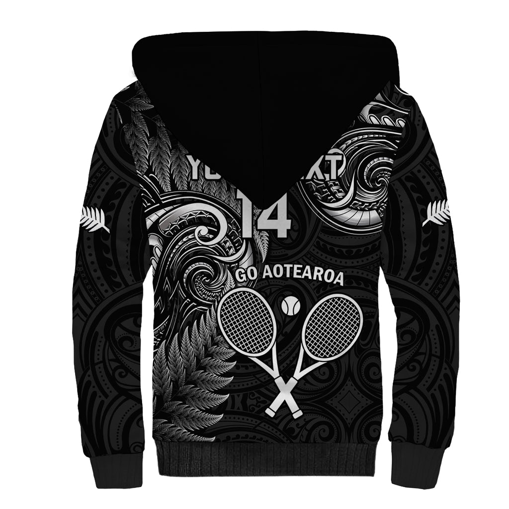 Custom New Zealand Tiki Tennis Sherpa Hoodie 2024 Aotearoa Tenehi Maori Silver Fern - Black