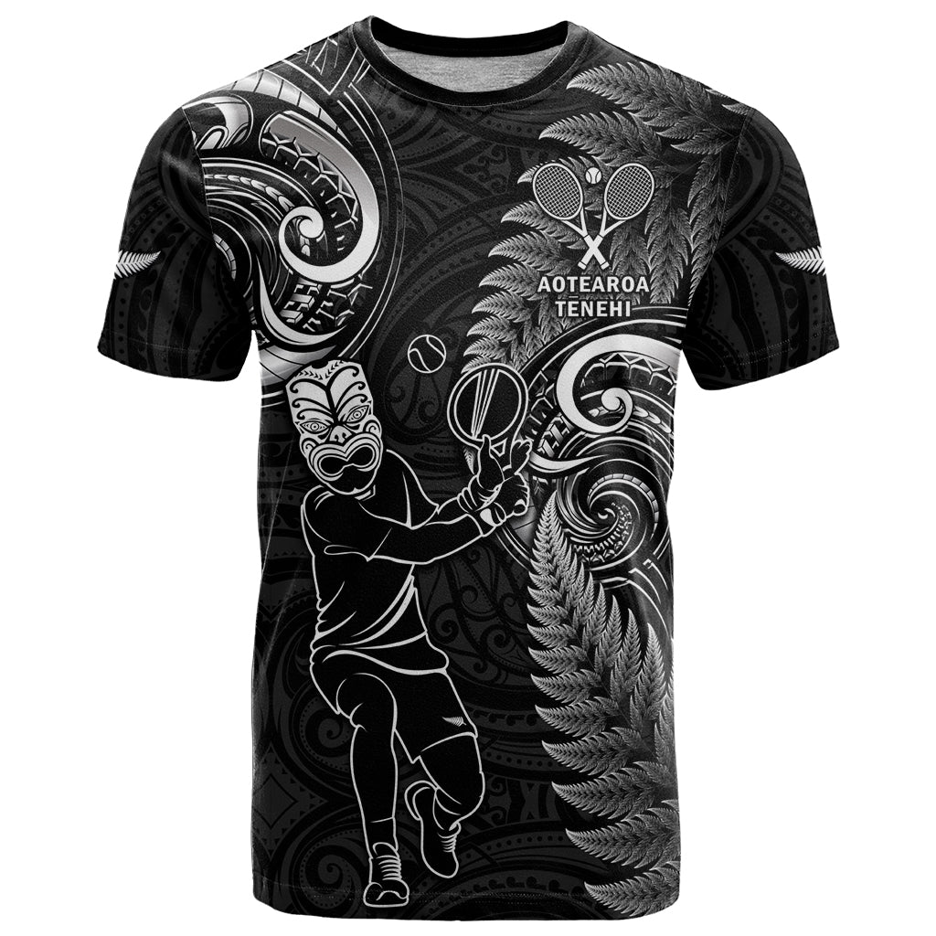 Custom New Zealand Tiki Tennis T Shirt 2024 Aotearoa Tenehi Maori Silver Fern - Black