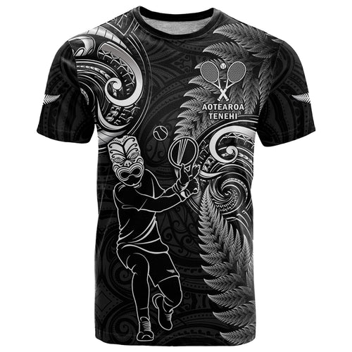 Custom New Zealand Tiki Tennis T Shirt 2024 Aotearoa Tenehi Maori Silver Fern - Black