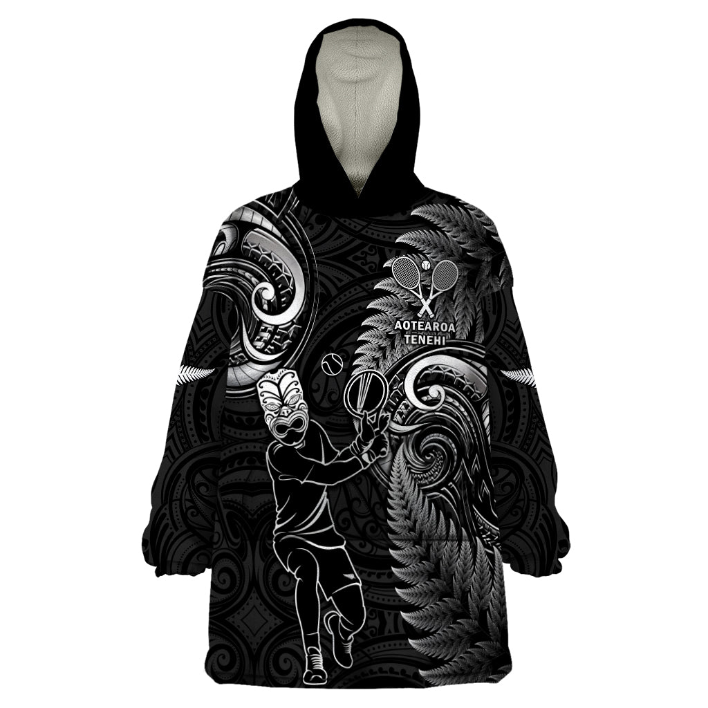 Custom New Zealand Tiki Tennis Wearable Blanket Hoodie 2024 Aotearoa Tenehi Maori Silver Fern - Black
