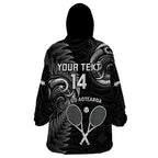 Custom New Zealand Tiki Tennis Wearable Blanket Hoodie 2024 Aotearoa Tenehi Maori Silver Fern - Black