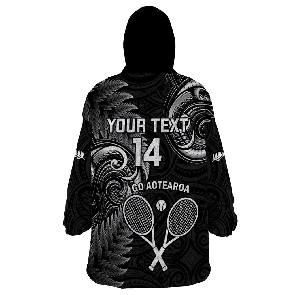 Custom New Zealand Tiki Tennis Wearable Blanket Hoodie 2024 Aotearoa Tenehi Maori Silver Fern - Black