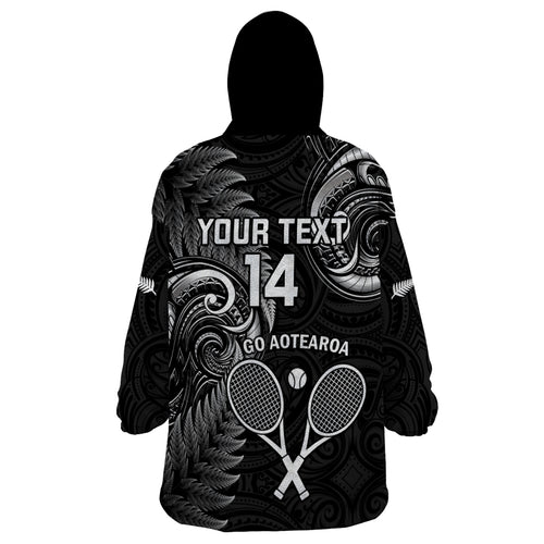 Custom New Zealand Tiki Tennis Wearable Blanket Hoodie 2024 Aotearoa Tenehi Maori Silver Fern - Black