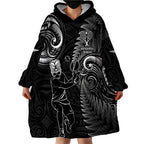 Custom New Zealand Tiki Tennis Wearable Blanket Hoodie 2024 Aotearoa Tenehi Maori Silver Fern - Black