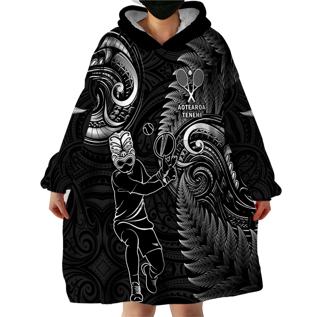 Custom New Zealand Tiki Tennis Wearable Blanket Hoodie 2024 Aotearoa Tenehi Maori Silver Fern - Black