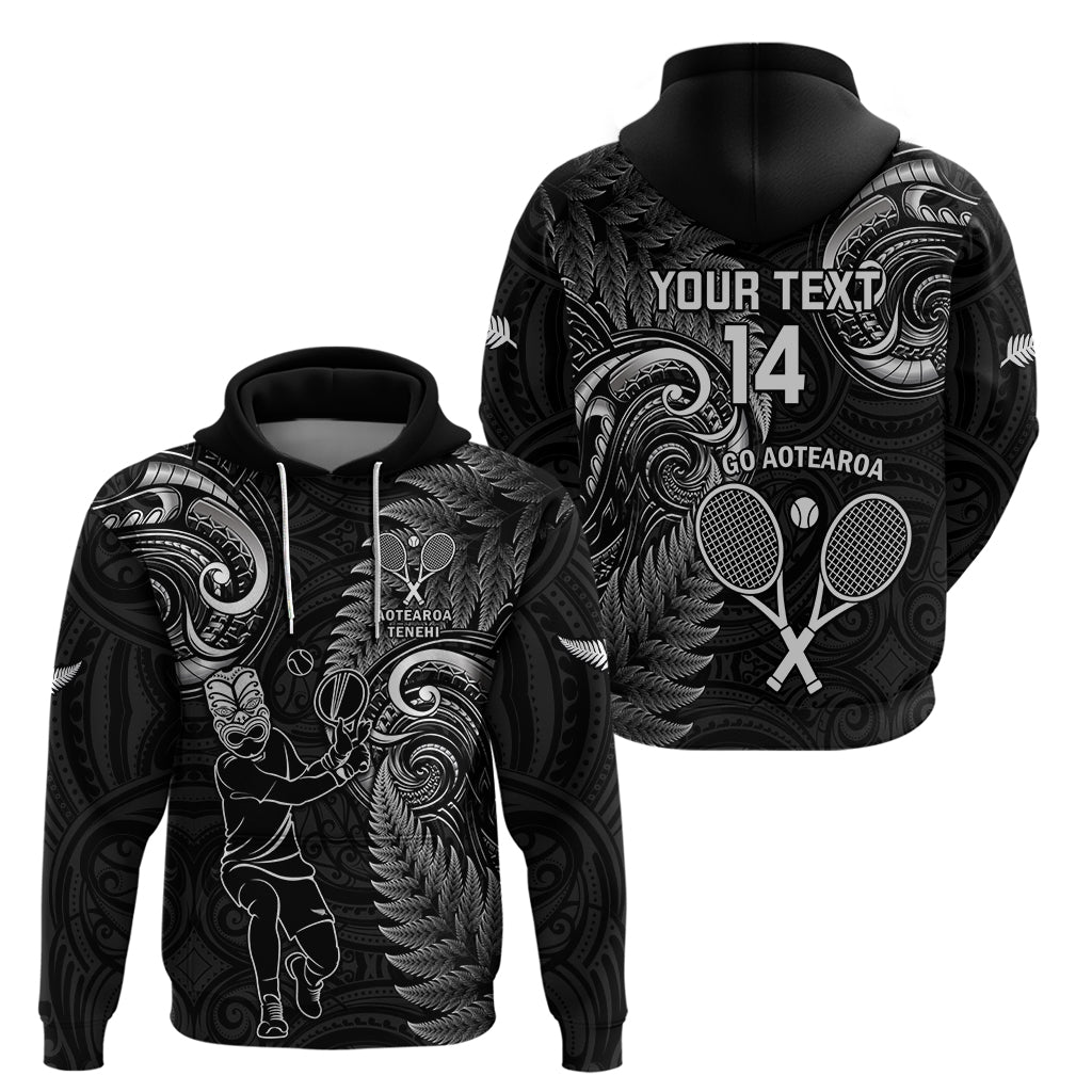 Custom New Zealand Tiki Tennis Zip Hoodie 2024 Aotearoa Tenehi Maori Silver Fern - Black