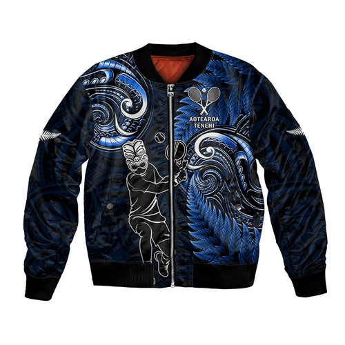 New Zealand Tiki Tennis Bomber Jacket 2024 Aotearoa Tenehi Maori Silver Fern - Blue