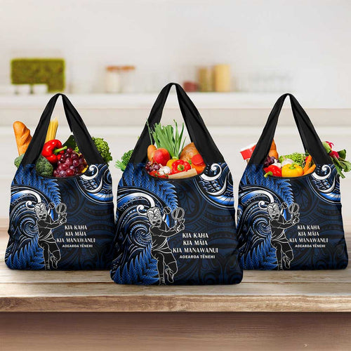 New Zealand Tiki Tennis Grocery Bag Aotearoa Tenehi Maori Silver Fern - Blue