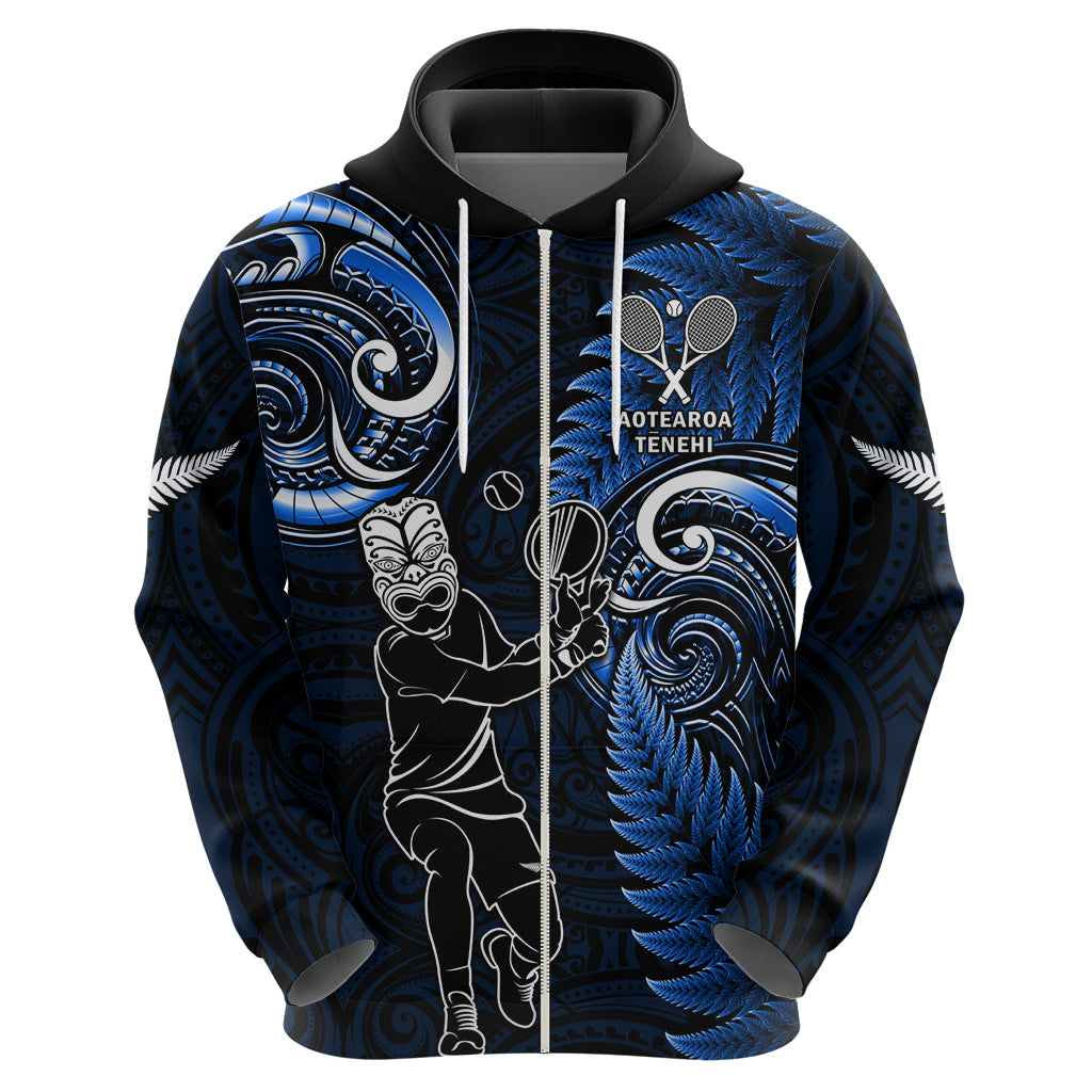New Zealand Tiki Tennis Hoodie 2024 Aotearoa Tenehi Maori Silver Fern - Blue