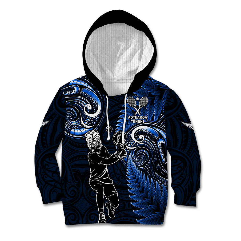 New Zealand Tiki Tennis Kid Hoodie 2024 Aotearoa Tenehi Maori Silver Fern - Blue