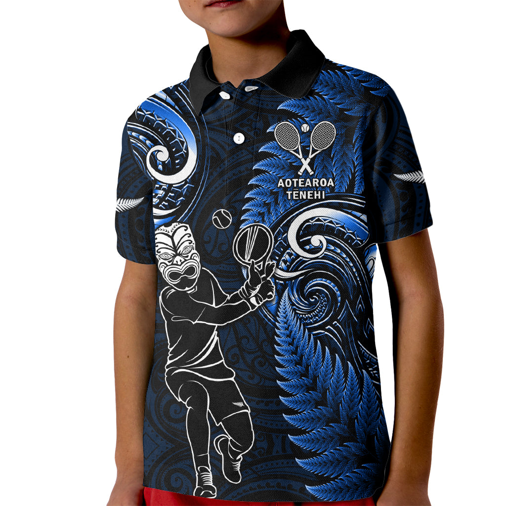 New Zealand Tiki Tennis Kid Polo Shirt 2024 Aotearoa Tenehi Maori Silver Fern - Blue