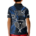 New Zealand Tiki Tennis Kid Polo Shirt 2024 Aotearoa Tenehi Maori Silver Fern - Blue