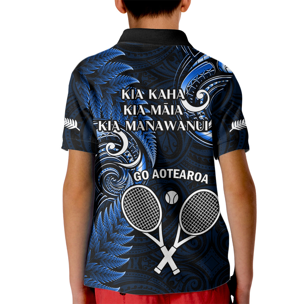 New Zealand Tiki Tennis Kid Polo Shirt 2024 Aotearoa Tenehi Maori Silver Fern - Blue