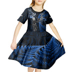 New Zealand Tiki Tennis Kid Short Sleeve Dress 2024 Aotearoa Tenehi Maori Silver Fern - Blue