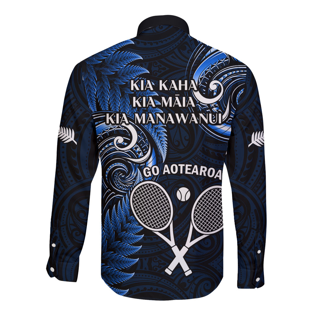 New Zealand Tiki Tennis Long Sleeve Button Shirt 2024 Aotearoa Tenehi Maori Silver Fern - Blue