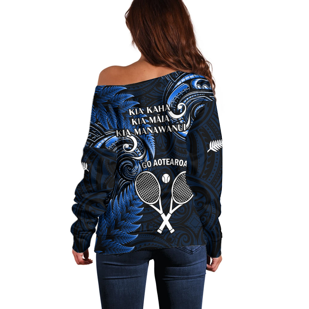 New Zealand Tiki Tennis Off Shoulder Sweater 2024 Aotearoa Tenehi Maori Silver Fern - Blue