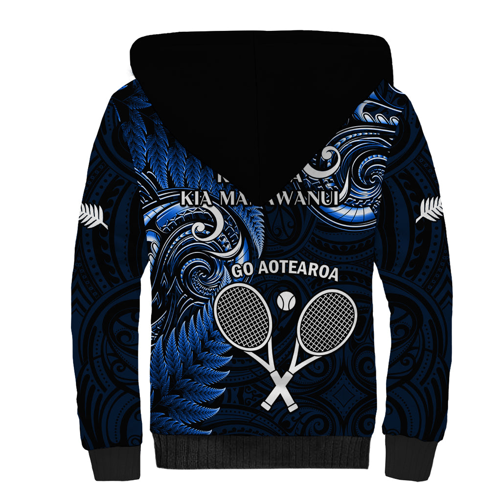 New Zealand Tiki Tennis Sherpa Hoodie 2024 Aotearoa Tenehi Maori Silver Fern - Blue