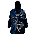 New Zealand Tiki Tennis Wearable Blanket Hoodie 2024 Aotearoa Tenehi Maori Silver Fern - Blue