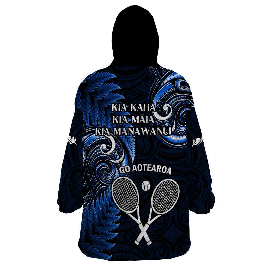New Zealand Tiki Tennis Wearable Blanket Hoodie 2024 Aotearoa Tenehi Maori Silver Fern - Blue
