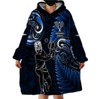 New Zealand Tiki Tennis Wearable Blanket Hoodie 2024 Aotearoa Tenehi Maori Silver Fern - Blue