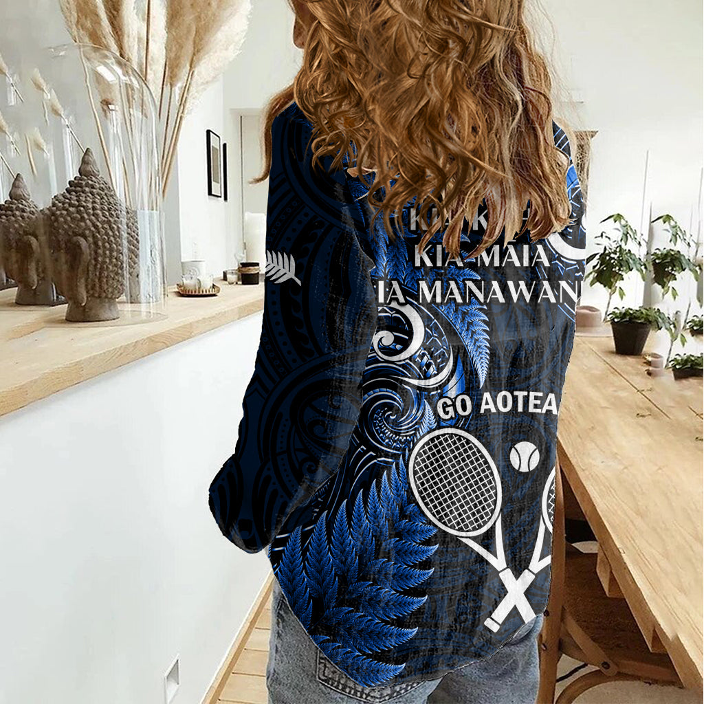 New Zealand Tiki Tennis Women Casual Shirt 2024 Aotearoa Tenehi Maori Silver Fern - Blue