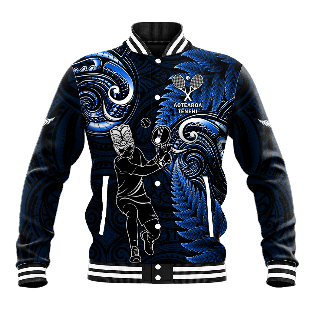 Custom New Zealand Tiki Tennis Baseball Jacket 2024 Aotearoa Tenehi Maori Silver Fern - Blue