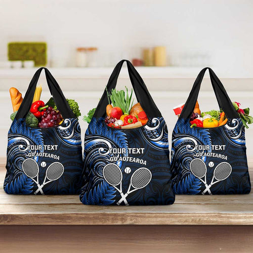 Custom New Zealand Tiki Tennis Grocery Bag Aotearoa Tenehi Maori Silver Fern - Blue