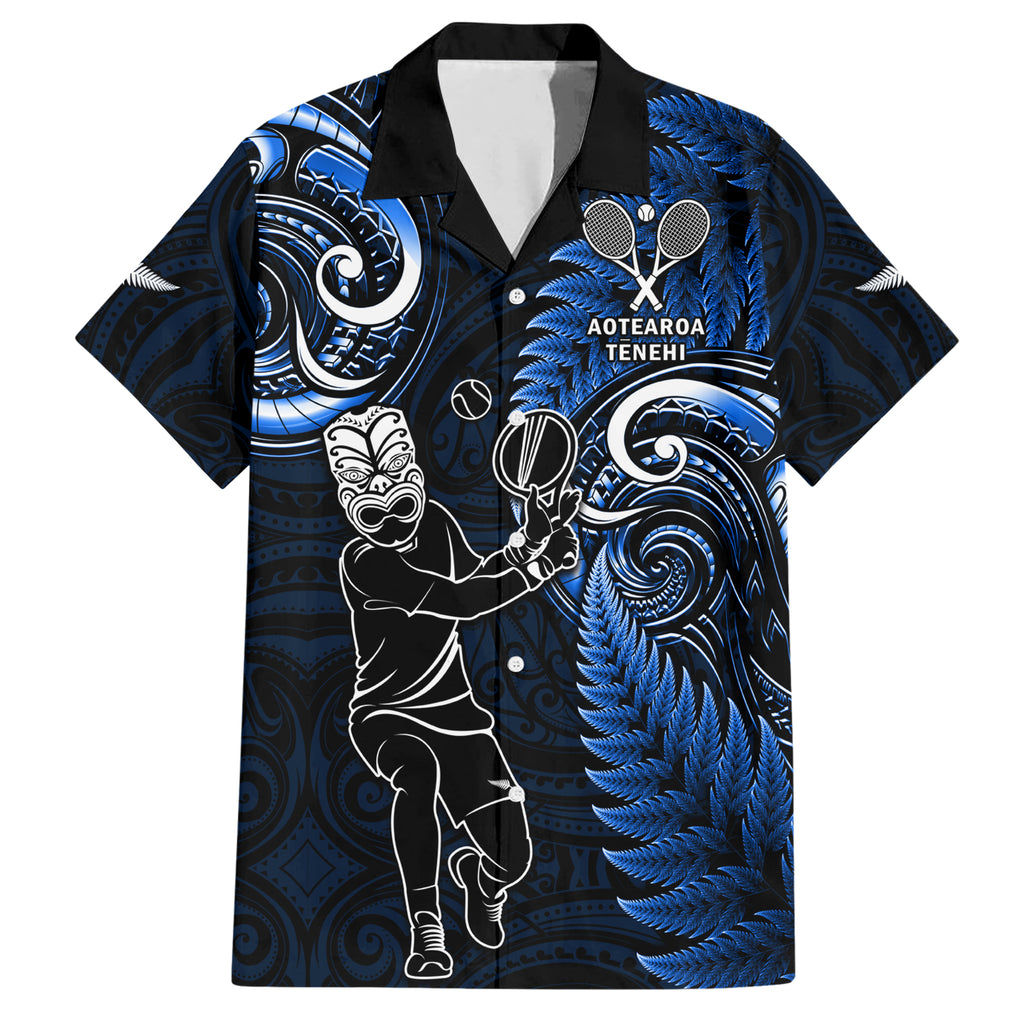 Custom New Zealand Tiki Tennis Hawaiian Shirt 2024 Aotearoa Tenehi Maori Silver Fern - Blue