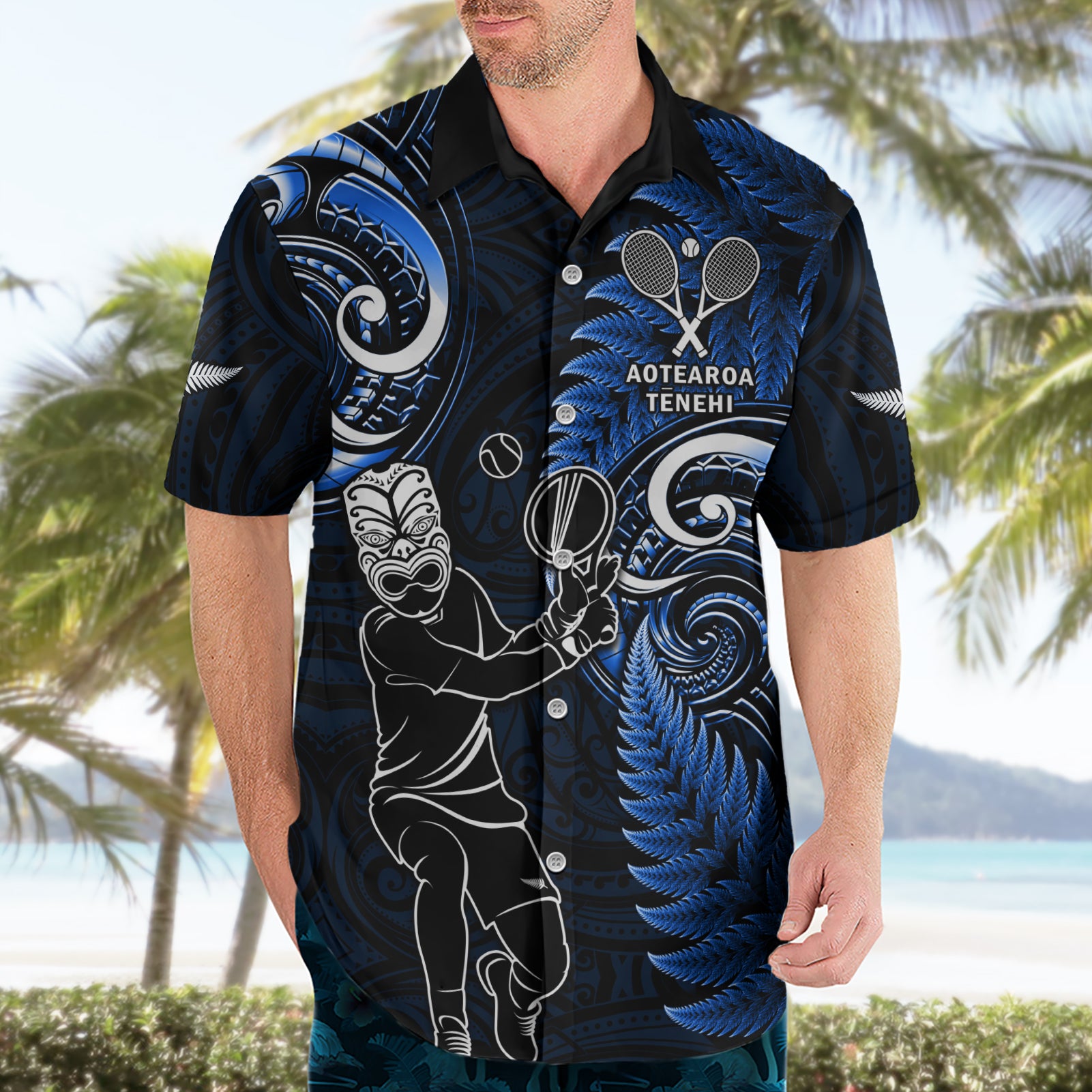 Custom New Zealand Tiki Tennis Hawaiian Shirt 2024 Aotearoa Tenehi Maori Silver Fern - Blue