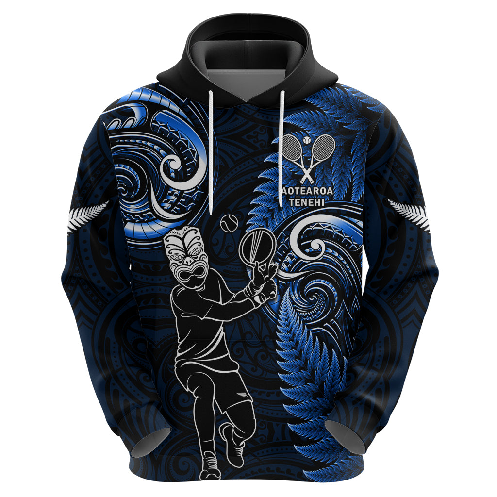 Custom New Zealand Tiki Tennis Hoodie 2024 Aotearoa Tenehi Maori Silver Fern - Blue
