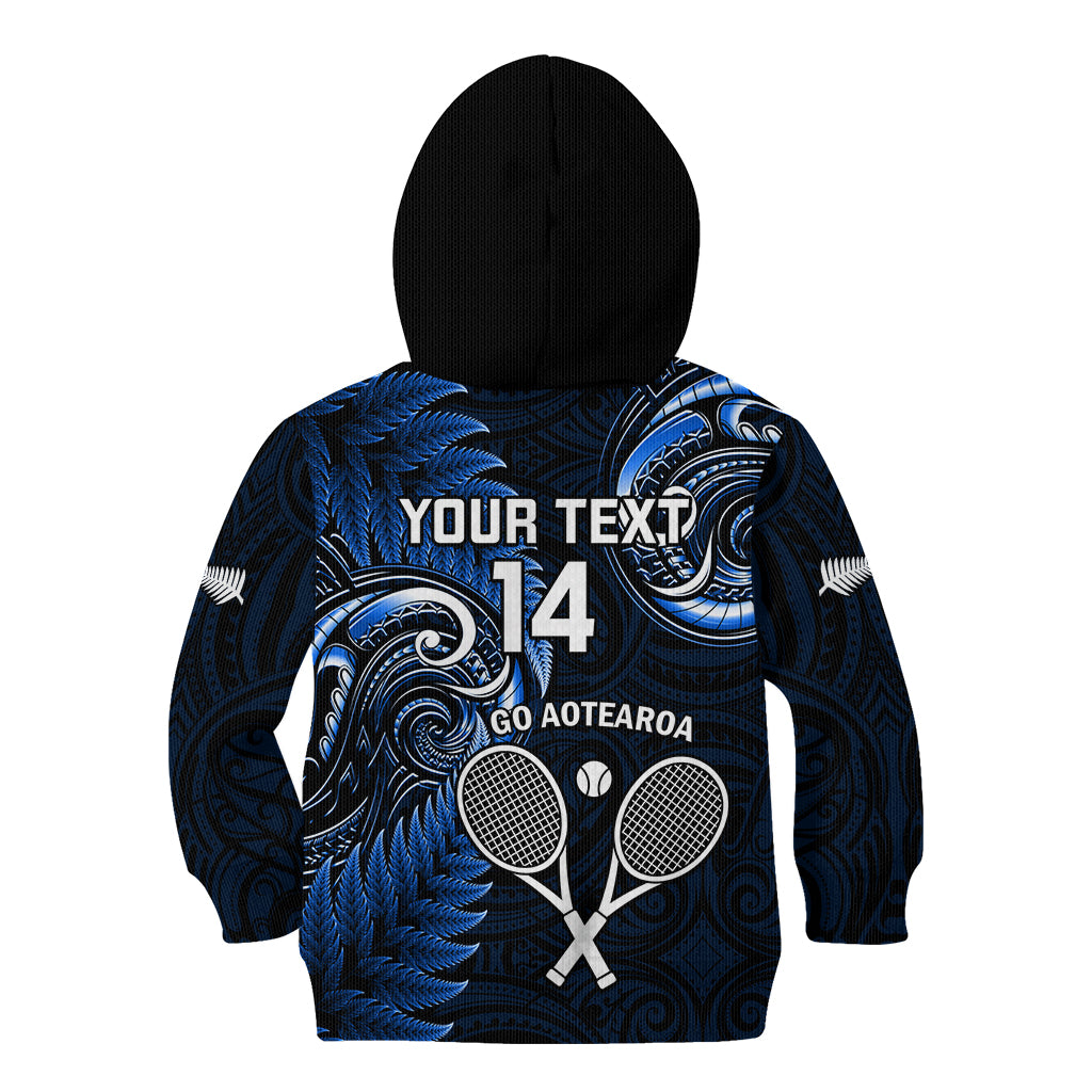 Custom New Zealand Tiki Tennis Kid Hoodie 2024 Aotearoa Tenehi Maori Silver Fern - Blue