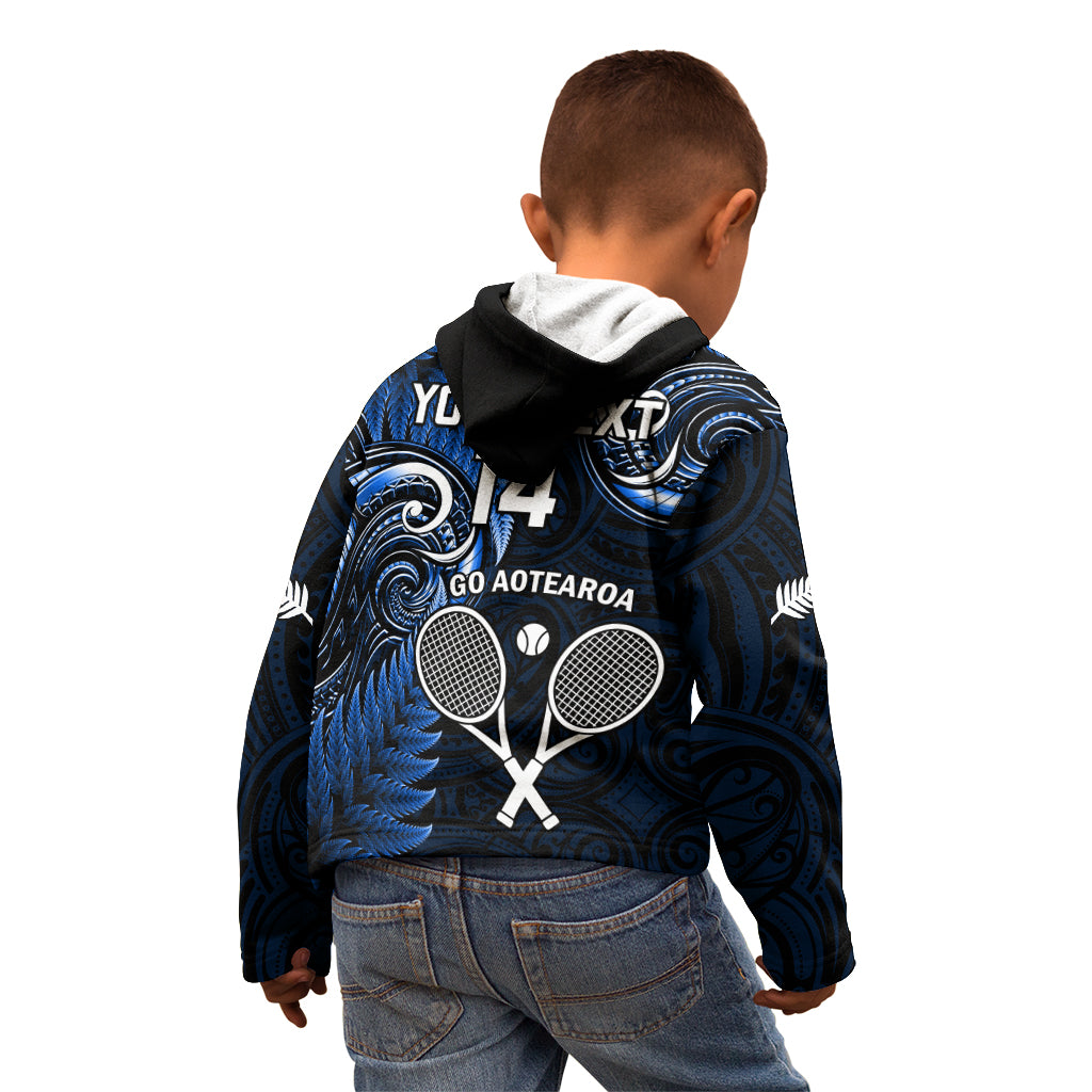 Custom New Zealand Tiki Tennis Kid Hoodie 2024 Aotearoa Tenehi Maori Silver Fern - Blue