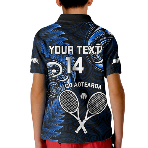 Custom New Zealand Tiki Tennis Kid Polo Shirt 2024 Aotearoa Tenehi Maori Silver Fern - Blue