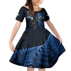 Custom New Zealand Tiki Tennis Kid Short Sleeve Dress 2024 Aotearoa Tenehi Maori Silver Fern - Blue