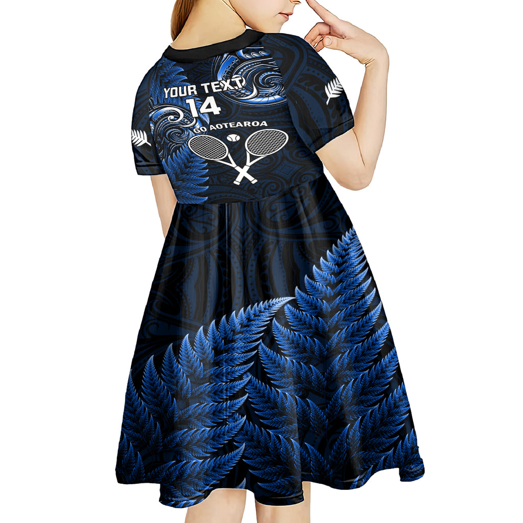 Custom New Zealand Tiki Tennis Kid Short Sleeve Dress 2024 Aotearoa Tenehi Maori Silver Fern - Blue