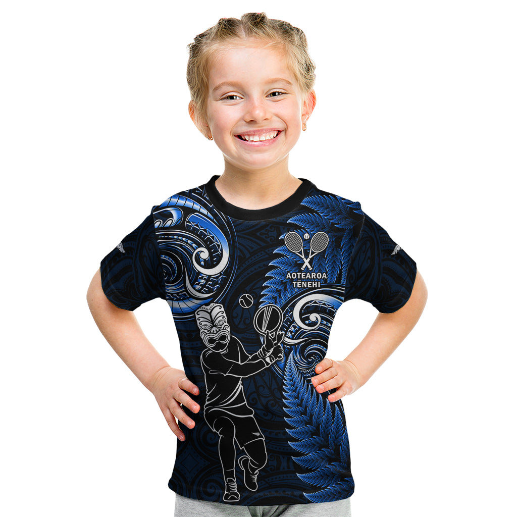 Custom New Zealand Tiki Tennis Kid T Shirt 2024 Aotearoa Tenehi Maori Silver Fern - Blue